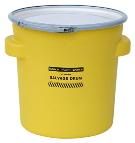 Eagle 1654 Yellow Blow-Molded HDPE Salvage Drum with Metal Ring Lever-Lock Lid, 20 gallon Capacity, 21" Height, 21" Diameter