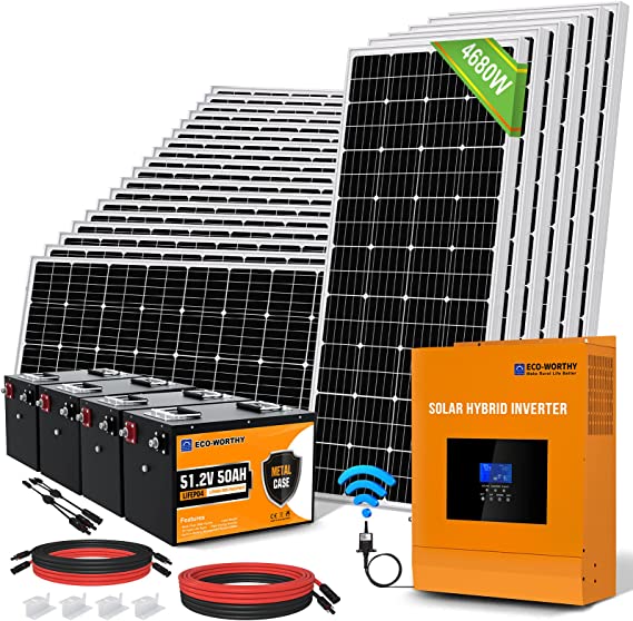 ECO-WORTHY 18.7KWH 4680W 48V Solar Power Complete Kit for Home Shed: 24pcs 195W Mono Solar Panel   1pc 5000W 48V All-in-one MPPT Solar Charge Inverter   4pcs 48V 50AH Lithium Battery(10KWH)  Z-bracket