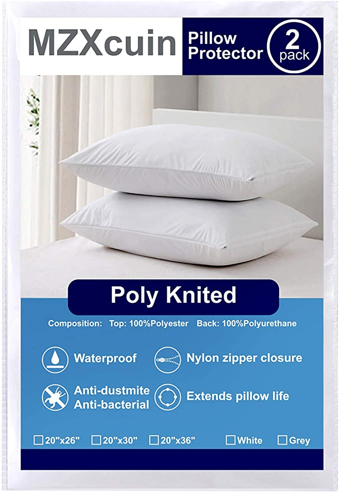 MZXcuin 100% Waterproof Pillow Protectors Zippered Dust Mite, Bed Bug Proof,Hypoallergenic Pillowcase Covers, Polyester, White, Standard 20" x 26"