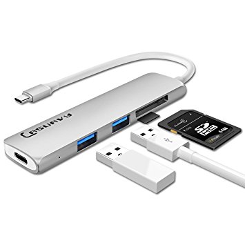 USB C Hub, Lasuavy 5-in-1 USB C Adapter with Type C Charging Port, 2 USB 3.0 Ports, SD & TF Card Readers for MacBook Pro 2015/2016, Chromebook 2016/2017 and More Type-C Devices - Silver