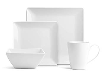 32 Pc. Square Pure Porcelain Dishes Set – White Dinner Plates, Bowls, Coffee Cups