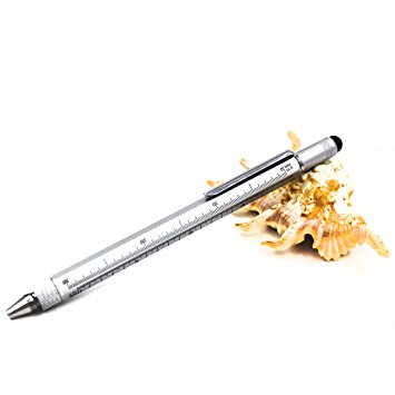 6 in 1 Screwdriver Tool Pen - Mini Multifunction Pen with Stylus, Flat and Phillips Screwdriver Bit, Bubble Level and inch cm Ruler all in one (Light grey)