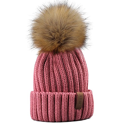 FURTALK Kids Winter Knitted Pom Beanie Bobble Hat Faux Fur Ball Pom Pom Cap Unisex Kids Beanie Hat (Ages 3-8)