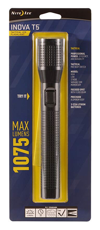 Nite Ize INOVA T5 Tactical LED Flashlight, 1075 Lumen Shockproof, Crushproof   Waterproof Flashlight With Mil-Spec Type III Hard Coat Anodized Black Body