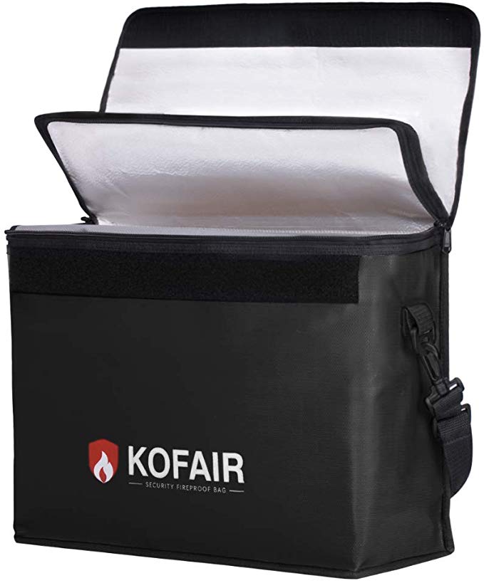 Kofair Large Fireproof Bag (16 x 12 x 5.5 inches), XL Fireproof Document Bags with 100% Opening & Soft Handle, Non-Itchy Fireproof Safe and Water Resistant Bag for Money, Documents & Valuables (Black)