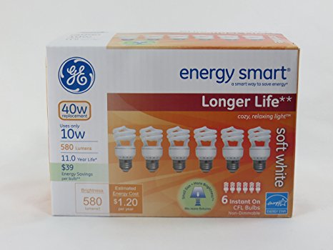 GE Lighting 68510 Energy Smart CFL 10-watt (40-watt replacement) 580 lumen light bulb with medium base, 6-pack