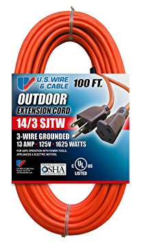 US Wire 63100 14/3 100-Foot SJTW Orange Medium Duty Extension Cord