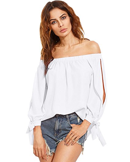 ZANZEA Women's Off The Shoulder Split Knotted Long Sleeve Blouse Loose Boat Neck Tie Cuff Top Shirts