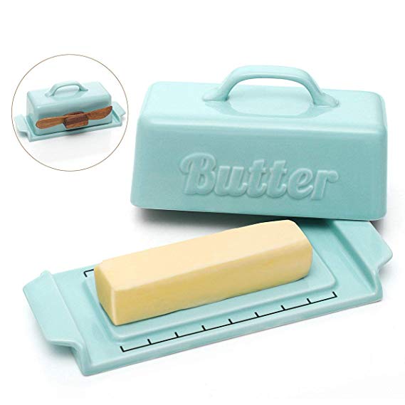 DOWAN Butter Dish with Lid, Porcelain Butter Container with Wooden Knife, Mini Butter Dish, Blue