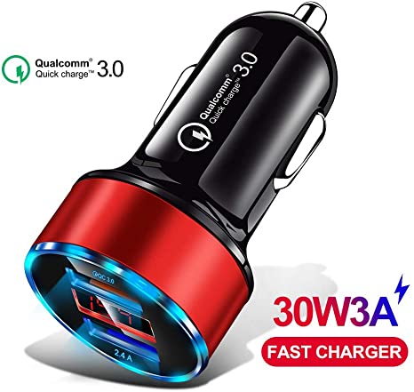 Hiapix Car Charger, 30W/3A QC3.0 Dual USB LED Digital Display Car Power Charging Adapter Compatible with cellphones, iPads, Tablet PC, Cameras, Power Banks and All USB Charging Devices (Red)