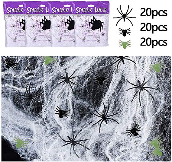 TXDUE Fake Spider Web, 1000 sqft Halloween Spider Web Decorations with 60 Extra Spiders for Indoor and Outdoor Party 10OZ 4-Pack
