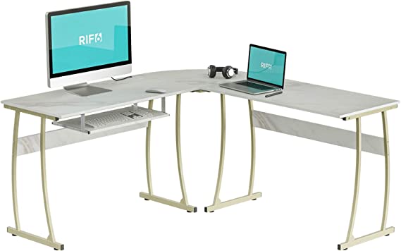 RIF6 L Shaped Desk - Modern Office Desk with Keyboard Tray and Cable Management - Scratch Resistant Office Desk for Multi PC and Laptop Setup - White Corner Desk for Work, Study, and Leisure