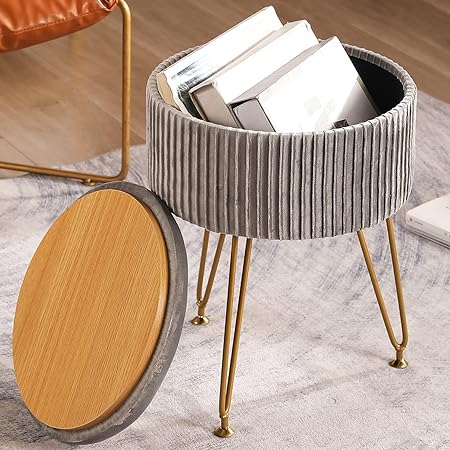 CUYOCA Round Storage Ottoman with Tray, Vanity Stool with Storage for Living Room Makeup Room, Coffee Table Foot Rest Stool for Vanity, Velvet Grey