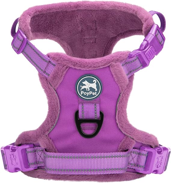 PoyPet Plush Dog Harness, Soft Padded No Pull Vest Harness, Reflective Adjustable Escape Proof with Easy Control Handle for Small Medium Large Dogs(Purple,S)