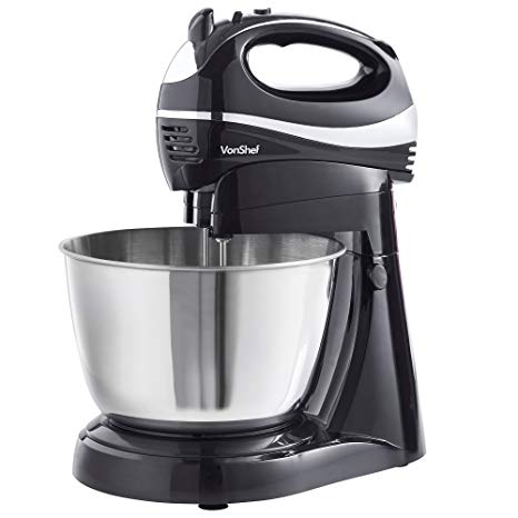 VonShef 2 in 1 Twin Hand and Stand Mixer, Black, 300W with 5 Speeds & Turbo Function Includes 3.5L Bowl, 2X Beaters, 2X Dough Hooks & Whisk