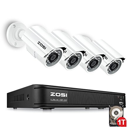 ZOSI 720P Security Camera System 1080N DVR Video Recorder with 1TB Hard Drive Pre-installed and (4) 1280TVL Weatherproof Cameras with Build-in IR-cut filter