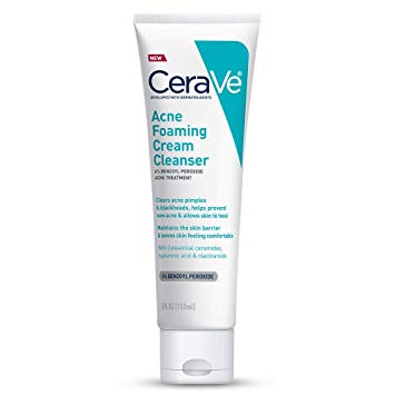 CeraVe Acne Foaming Cream Cleanser | Acne Treatment Face Wash with 4% Benzoyl Peroxide, Hyaluronic Acid, and Niacinamide | Cream to Foam Gentle Formula for Sensitive Skin | 5 Ounces