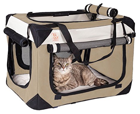 PetLuv Soothing "Happy Cat" Premium Soft Sided Cat Carrier & Travel Crate w Locking Zippers Comfy Plush Nap Pillow 4X Interior Room Airy Windows Sunroof Reduces Anxiety