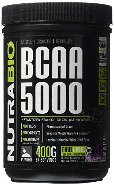 NutraBio BCAA 5000 Powder - 400 Grams - GRAPE - 100% Pure Branched Chain Amino Acids - HPLC Tested.