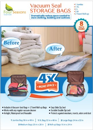 Vacuum Storage Bags 8 Multi-size Premium Quality Space Saver Compression Bags Jumbo XL Large Medium Travel Roll-up - Ideal for Clothing Comforters Pillows Bedding