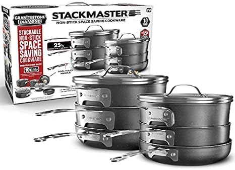 Granitestone Original Stack Master 10 Piece Cookware Set, Triple Layer Nonstick Granite Stone with Diamond infused Coating, Dishwasher Oven Safe, Non-Toxic Pots and Pans, Large, Black