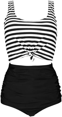 COCOSHIP Women's Retro Ruched High Waist Two Piece Bikini Set Bow Knot Front Padded Tank Scoop Neck Swimsuit