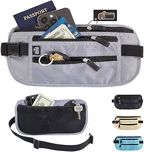 Gorilla Grip 4 Pocket Secure RFID Blocking Money Belt, Anti Theft Hidden Fanny Pack for Passport and Credit Cards, Water Repellent Travel Pouch for Men Women with Adjustable Waist and Zippers, Gray