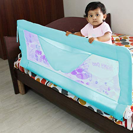 Kurtzy Foldable Bed Rail Baby Falling Safety Guard Barrier Protector Fence for Newborn Toddler Kids (Aqua Blue)