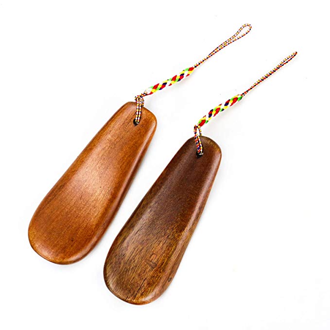 AQUEENLY Portable Wooden Shoe Horn with Hanging Rope, 2 Pieces Small Travel Shoehorn for Men, Women, Kids, Seniors