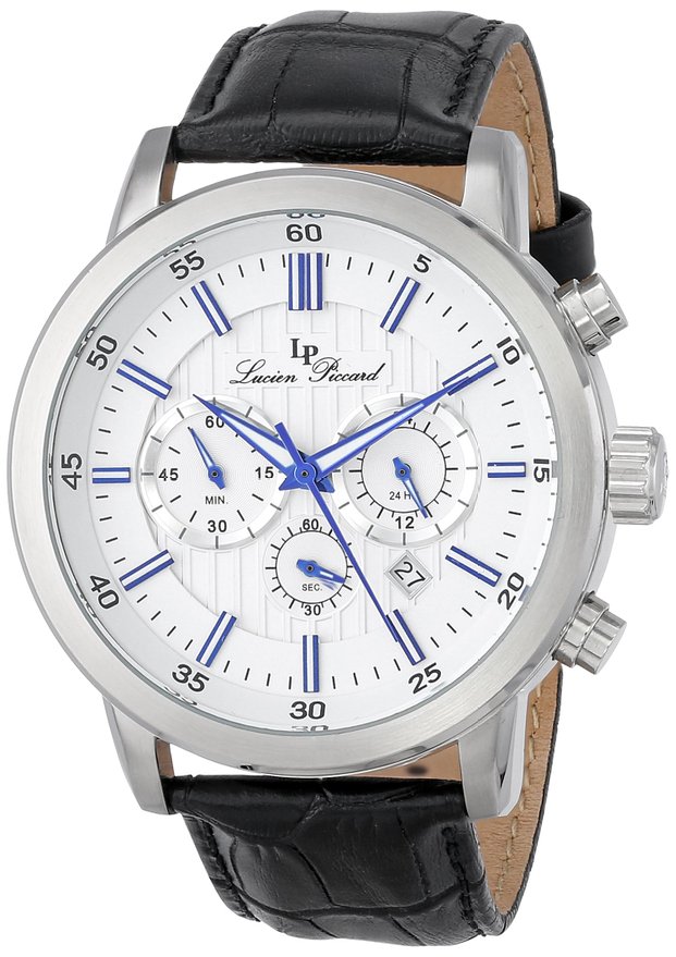 Lucien Piccard Mens 12011-023S Monte Viso Chronograph White Textured Dial Black Leather Watch