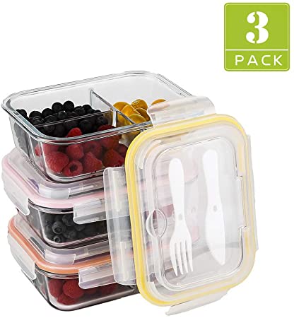 【3Pack, 34OZ】- Glass Meal Prep Containers 3 Compartment, Glass Food Container with Lids, Bento Box Glass Launch Containers, Portion Control Food Containers Glass, Microwave, Oven, Dishwasher Safe