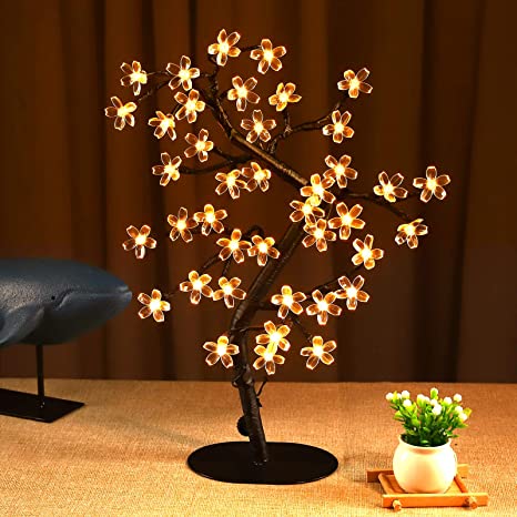 Bolylight Cherry Blossom Tree Lamp Table Decoration 17in Artificial Tree with 40 LED Lights USB Operated for Bedroom Party Wedding Office Home Warm White
