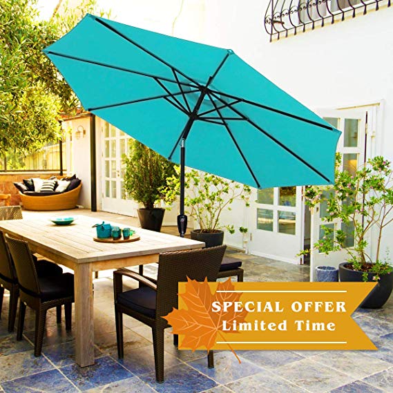 FRUITEAM 9ft Outdoor Patio Umbrella, 1.5in Diameter Aluminum 8 Ribs Market Umbrella, Thickened Waterproof Polyster SPF50  Garden Umbrella Turquoise