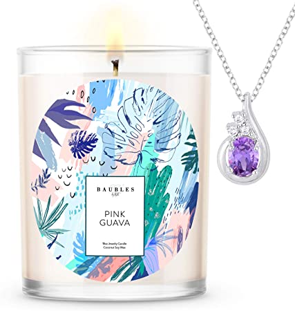Kate Bissett Baubles Pink Guava Scented Premium Candle and Jewelry with Surprise Pendant Inside | 18 oz Large Candle | Made in USA | Parrafin Free
