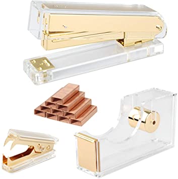 Gold Acrylic Stapler Set Desk Accessory & Decoration Kit for Gift, Stapler with 1000 Pcs Staples and Staple Remover, Tape Dispenser, Gold Stapler Bundle Office Supplies Set