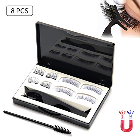 Upgraded Magnetic Eyelashes Natural Look, Lcat 8 PCS 3D Silk Lashes Handmade Ultra Thin and Reusable False Eyelashes Soft and Comfortable with Stainless Steel Eyelash Tweezers