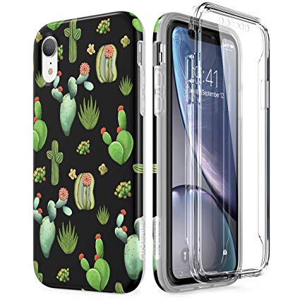 SURITCH Cartoon iPhone XR Case, [Built-in Screen Protector] Full-Body Protection Hard PC Bumper   Glossy Soft TPU Rubber Gel Shockproof Cover for iPhone XR- Green Cactus