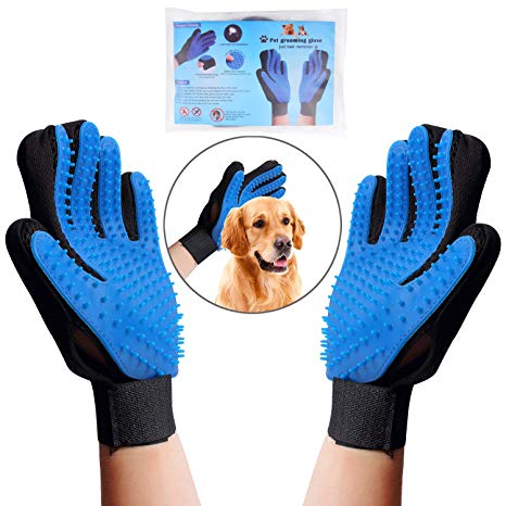 OWUDE Pet Grooming Glove - Gentle Hair Remover Mitt - Breathable Deshedding Massage Tool Bathing Brush - Enhanced Five Finger Design - Perfect for Dog & Cat with Long & Short Fur - 1 Pair (BLUE)