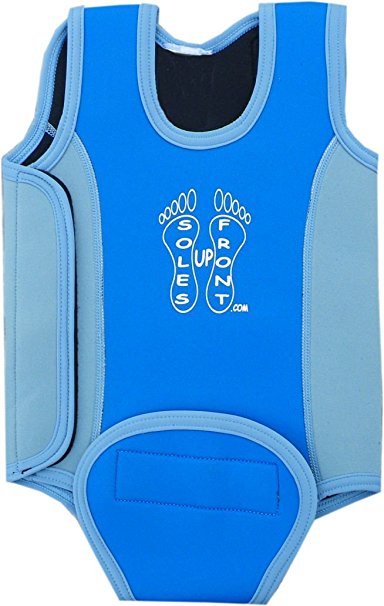 SUF Soles Up Front Baby Wetsuit Baby Warmer. 2mm Neoprene Wet Suit for swimming pool or beach. Opens out flat for easy fitting. Full range of sizes; 0-6 months ; 6-12 months ; 12-18 months ; 18-24 months. Available in Blue or Pink