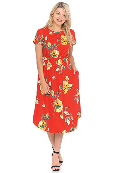 iconic luxe Women's Short Sleeve Flare Midi Dress with Pockets in Solid and Floral - Made in USA