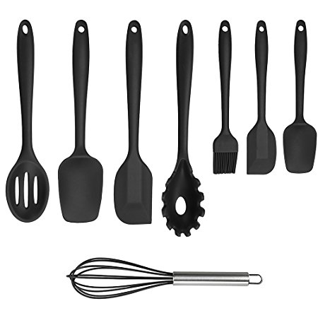 Cooking Utensils,Xpatee 8 Piece Nonstick Silicone Kitchen Utensils Gadgets Set Includes Silicone Ladle,Spatula,Spoon,Brush and Whisk (Black)