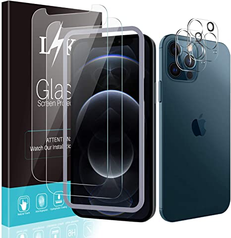 [4 Pack] LϟK 2 Pack Screen Protector   2 Pack Camera Lens Protector for iPhone 12 Pro Max 5G 6.7 inch Tempered Glass, [Shock Absorption] [Bubble Free] HD Clear