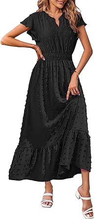 MEROKEETY Women 2024 Summer Flutter Short Sleeve V Neck Swiss Dot Smocked A Line Tiered Maxi Dresses