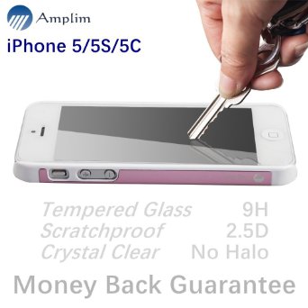 iPhone 5S Screen Protector: Amplim Front Ballistic Tempered Glass Cover. Case Friendly, Ultra Clear HD Rounded Edge, 3D Touch Full Coverage, Scratch Proof Anti Fingerprint (Apple-5C-Premium-Film-Pack)