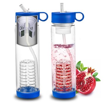 Filter Water Bottle - Fruit Infuser - Best Personal Outdoor Drink - Sports Hiking Camping Fishing and Beach - A Must Survival Cooling Travel Backpack Accessories - Clear Bottles with Straw Purifier
