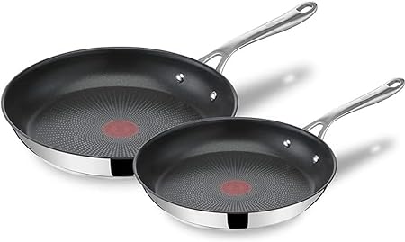 Tefal Jamie Oliver Cook's Direct Stainless Steel, 2 Piece Frying Pan Set, 24 & 28cm, Non-Stick Coating, Heat Indicator, Riveted Safe-Grip Handle, Induction Hob Compatible, E304S244