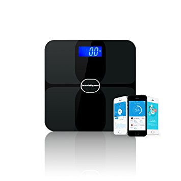ScaleTelligence ® Bluetooth® SMART Scale with Blue Backlit LCD, with 8 Measurements: Weight, Fat %, Kcal/day BMR (Metabolism), BMI, Visceral % (Abdominal Fat), Water %, Muscle %, Bone Mass
