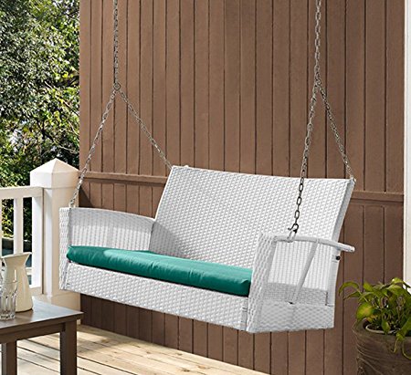 Coral Coast Soho Wicker Porch Swing, White with Turquoise Cushion