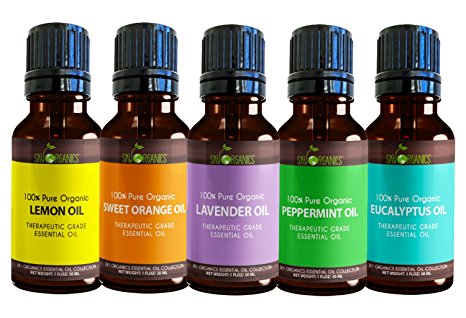 Top 5 Essential Oil Set By Sky Organics- 100% Pure, Therapeutic Grade and Organic 1oz (30ml) each of Lavender, Peppermint, Orange, Lemon and Eucalyptus for Aromatherapy and Diffusers- Made in USA