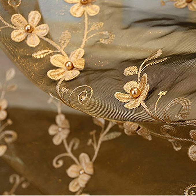 pureaqu Extra Long Coffee Brown Semi Sheer Curtains With Beads Rod Pocket Luxury Embroidered Floral Curtain Voile Sheer Panels Drapes for Large Windows/Living Room/Bedroom 1 Panel W114 x H84 Inch